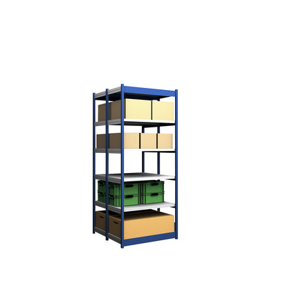 Stable boltless shelf unit, double sided, shelf unit height 2500 mm, blue / zinc-plated, shelf width 1025 mm, basic shelf unit, width x depth 1025 x 500 mm.