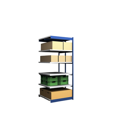 Stable boltless shelf unit, double sided, shelf unit height 2500 mm, blue / zinc-plated, shelf width 1025 mm, extension shelf unit, width x depth 1025 x 500 mm.