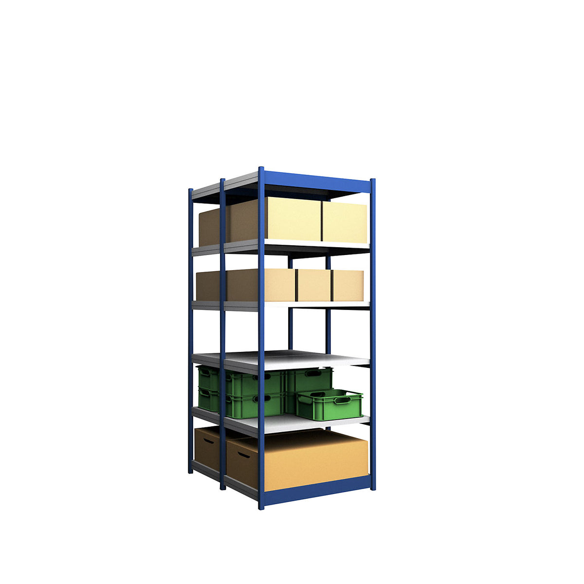 Stable boltless shelf unit, double sided, shelf unit height 2500 mm, blue / zinc-plated, shelf width 1025 mm, basic shelf unit, width x depth 1025 x 600 mm.