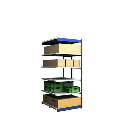 Stable boltless shelf unit, double sided, shelf unit height 2500 mm, blue / zinc-plated, shelf width 1025 mm, extension shelf unit, width x depth 1025 x 600 mm.