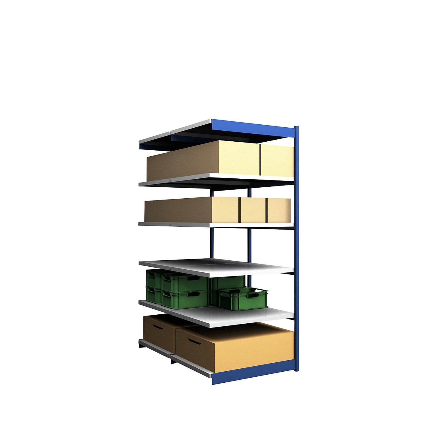 Stable boltless shelf unit, double sided, shelf unit height 2500 mm, blue / zinc-plated, shelf width 1025 mm, extension shelf unit, width x depth 1025 x 800 mm.
