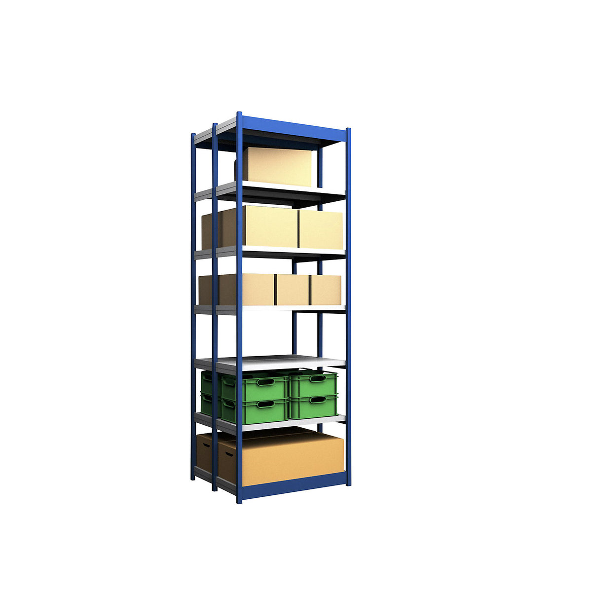 Stable boltless shelf unit, double sided, shelf unit height 3000 mm, blue / zinc-plated, shelf width 1025 mm, basic shelf unit, width x depth 1025 x 400 mm.
