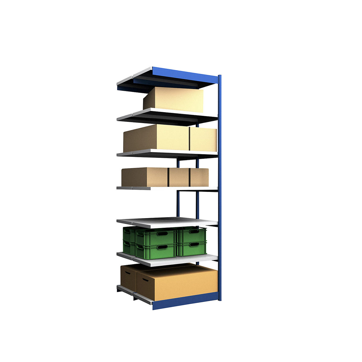 Stable boltless shelf unit, double sided, shelf unit height 3000 mm, blue / zinc-plated, shelf width 1025 mm, extension shelf unit, width x depth 1025 x 500 mm.