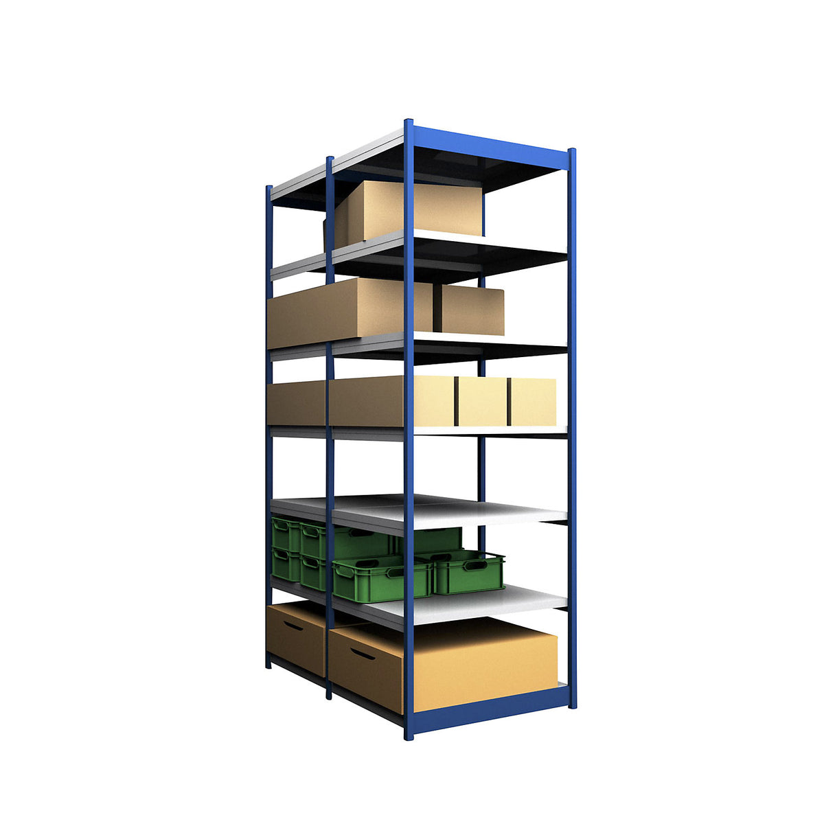 Stable boltless shelf unit, double sided, shelf unit height 3000 mm, blue / zinc-plated, shelf width 1025 mm, basic shelf unit, width x depth 1025 x 800 mm.