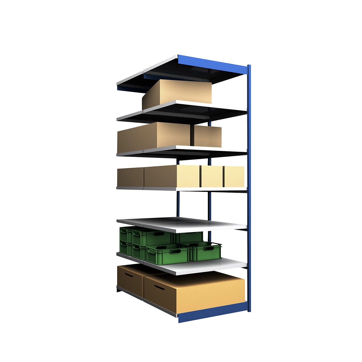 Stable boltless shelf unit, double sided, shelf unit height 3000 mm, blue / zinc-plated, shelf width 1025 mm, extension shelf unit, width x depth 1025 x 800 mm.