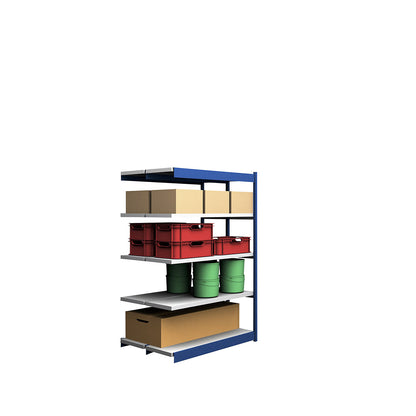 Stable boltless shelf unit, double sided, shelf unit height 2000 mm, blue / zinc-plated, shelf width 1325 mm, extension shelf unit, width x depth 1325 x 400 mm.