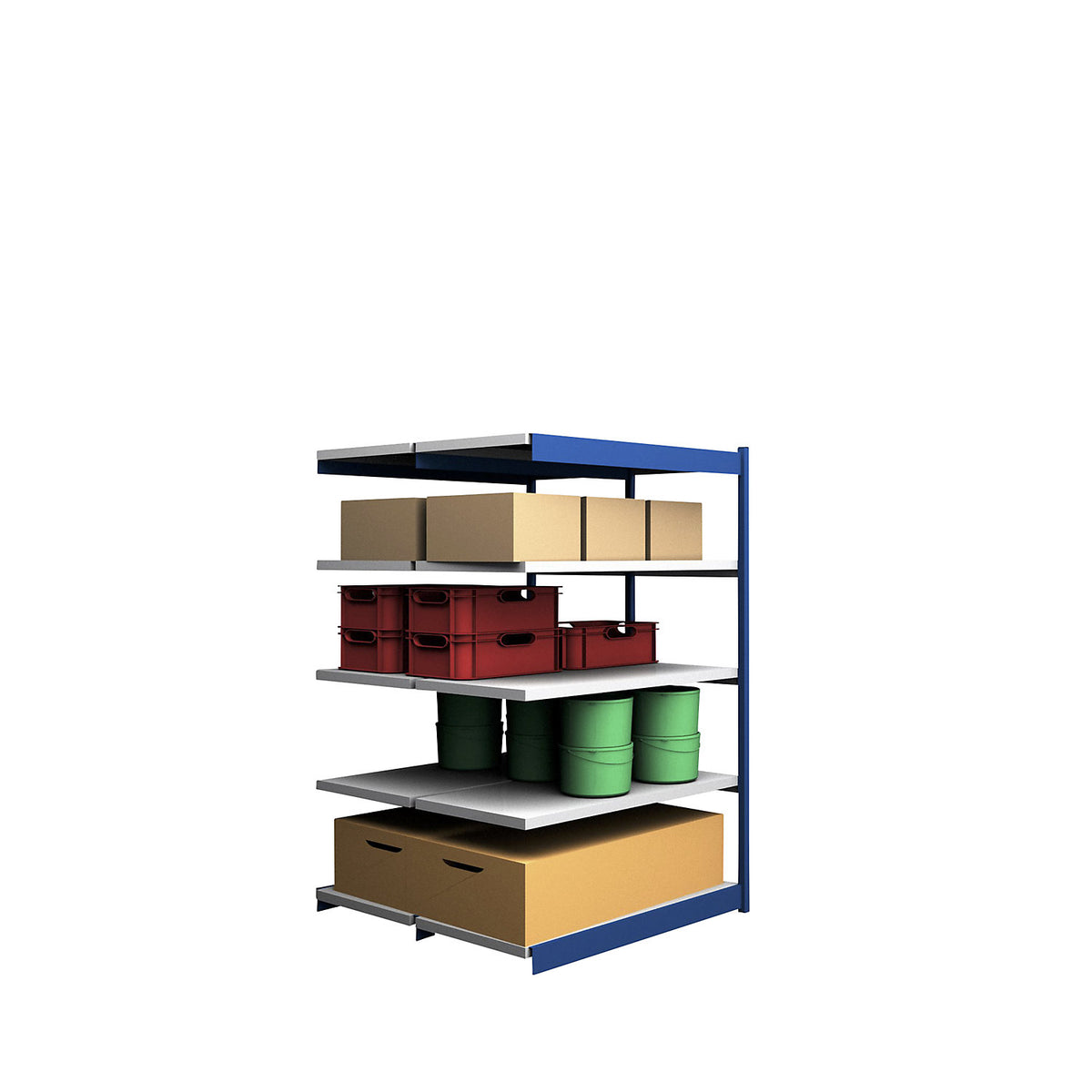 Stable boltless shelf unit, double sided, shelf unit height 2000 mm, blue / zinc-plated, shelf width 1325 mm, extension shelf unit, width x depth 1325 x 600 mm.