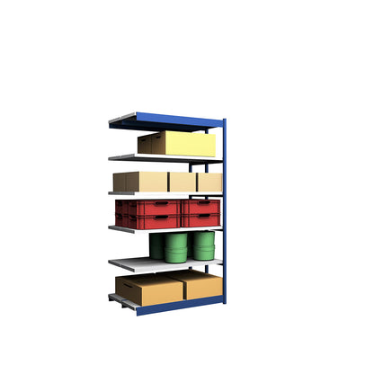 Stable boltless shelf unit, double sided, shelf unit height 2500 mm, blue / zinc-plated, shelf width 1325 mm, extension shelf unit, width x depth 1325 x 400 mm.