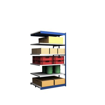 Stable boltless shelf unit, double sided, shelf unit height 2500 mm, blue / zinc-plated, shelf width 1325 mm, extension shelf unit, width x depth 1325 x 500 mm.