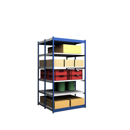 Stable boltless shelf unit, double sided, shelf unit height 2500 mm, blue / zinc-plated, shelf width 1325 mm, basic shelf unit, width x depth 1325 x 600 mm.