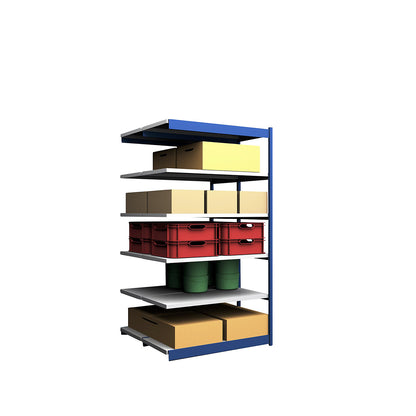 Stable boltless shelf unit, double sided, shelf unit height 2500 mm, blue / zinc-plated, shelf width 1325 mm, extension shelf unit, width x depth 1325 x 600 mm.