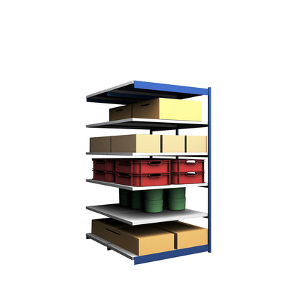 Stable boltless shelf unit, double sided, shelf unit height 2500 mm, blue / zinc-plated, shelf width 1325 mm, extension shelf unit, width x depth 1325 x 800 mm.