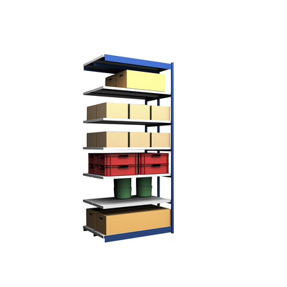 Stable boltless shelf unit, double sided, shelf unit height 3000 mm, blue / zinc-plated, shelf width 1325 mm, extension shelf unit, width x depth 1325 x 400 mm.