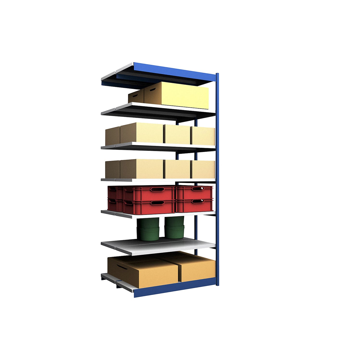 Stable boltless shelf unit, double sided, shelf unit height 3000 mm, blue / zinc-plated, shelf width 1325 mm, extension shelf unit, width x depth 1325 x 500 mm.