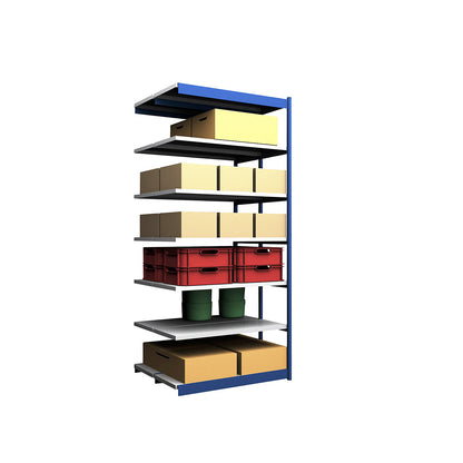 Stable boltless shelf unit, double sided, shelf unit height 3000 mm, blue / zinc-plated, shelf width 1325 mm, extension shelf unit, width x depth 1325 x 500 mm.