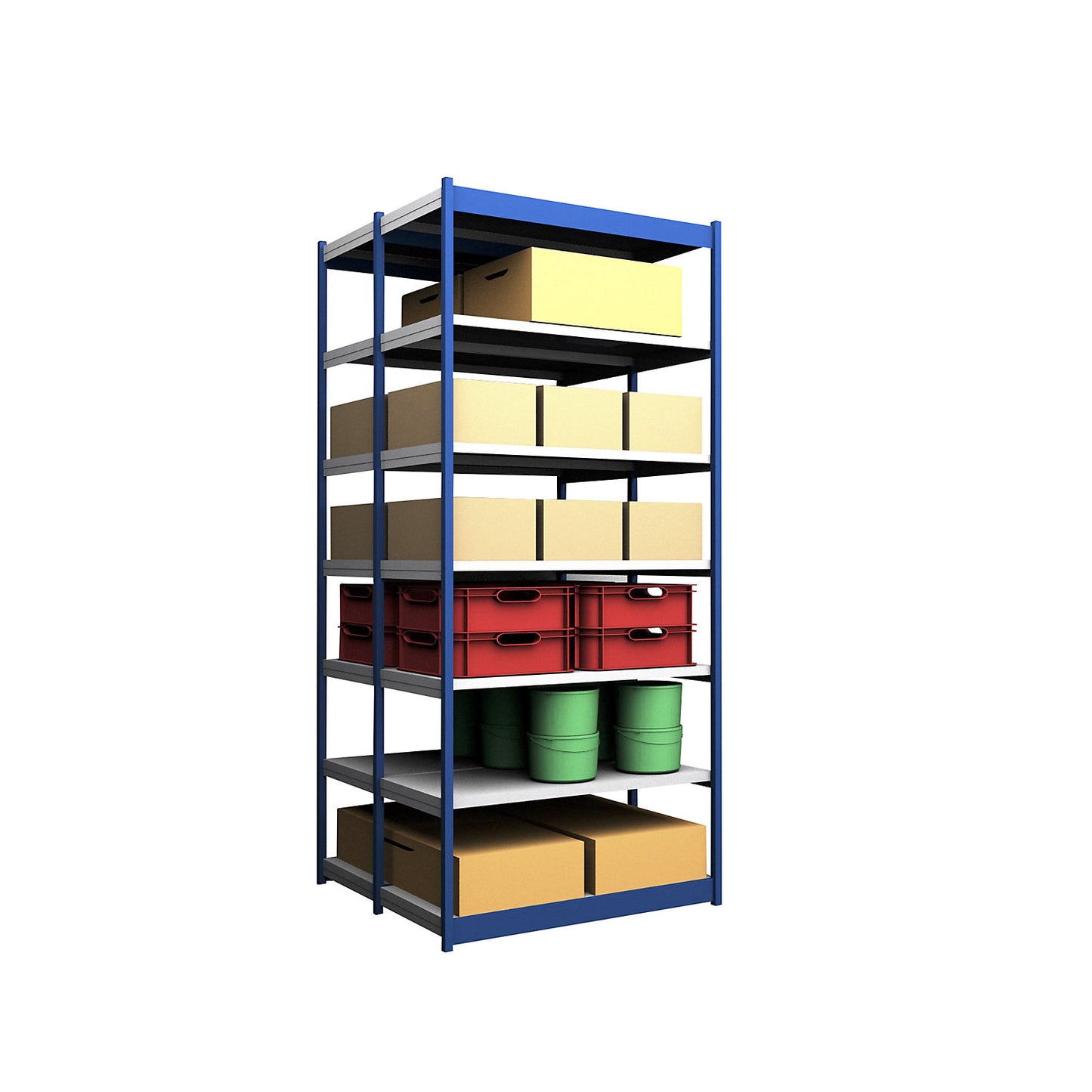 Stable boltless shelf unit, double sided, shelf unit height 3000 mm, blue / zinc-plated, shelf width 1325 mm, standard shelf unit, width x depth 1325 x 600 mm.