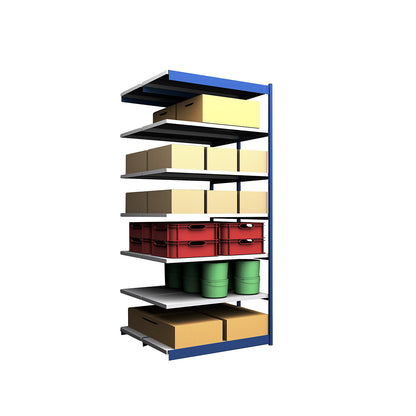 Stable boltless shelf unit, double sided, shelf unit height 3000 mm, blue / zinc-plated, shelf width 1325 mm, extension shelf unit, width x depth 1325 x 600 mm.