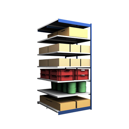 Stable boltless shelf unit, double sided, shelf unit height 3000 mm, blue / zinc-plated, shelf width 1325 mm, extension shelf unit, width x depth 1325 x 800 mm.
