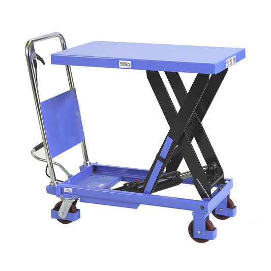 Scissor lift platform truck, max. load 500 kg, fixed push handle.
