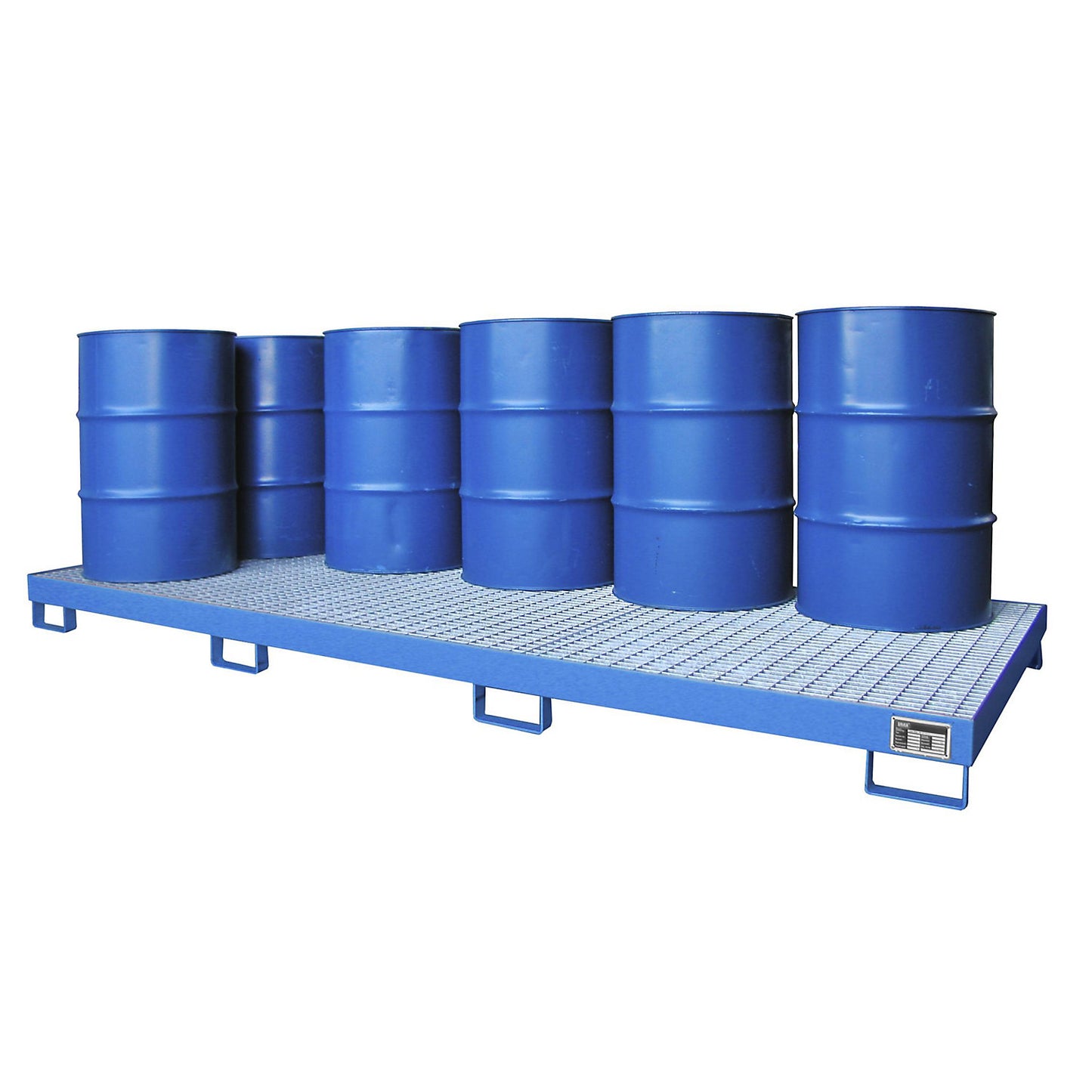 Steel sump tray, sump capacity 240 l, for 10 x 200 l drums, blue.