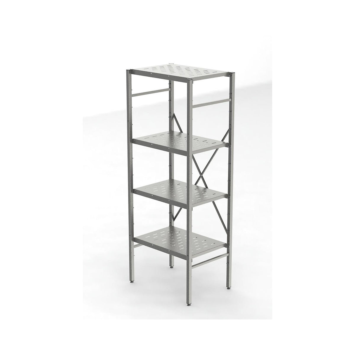 Stainless steel boltless shelf unit, 4 perforated shelves, shelf width x depth 640 x 440 mm, standard shelf unit.