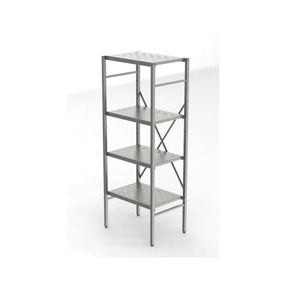 Stainless steel boltless shelf unit, 4 perforated shelves, shelf width x depth 640 x 440 mm, standard shelf unit.