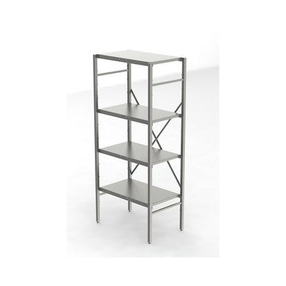 Stainless steel boltless shelf unit, 4 smooth shelves, shelf width x depth 740 x 440 mm, standard shelf unit.