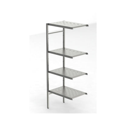 Stainless steel boltless shelf unit, 4 perforated shelves, shelf width x depth 640 x 440 mm, extension shelf unit.
