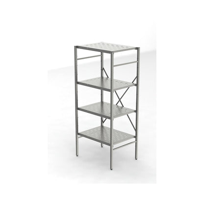 Stainless steel boltless shelf unit, 4 perforated shelves, shelf width x depth 740 x 540 mm, standard shelf unit.