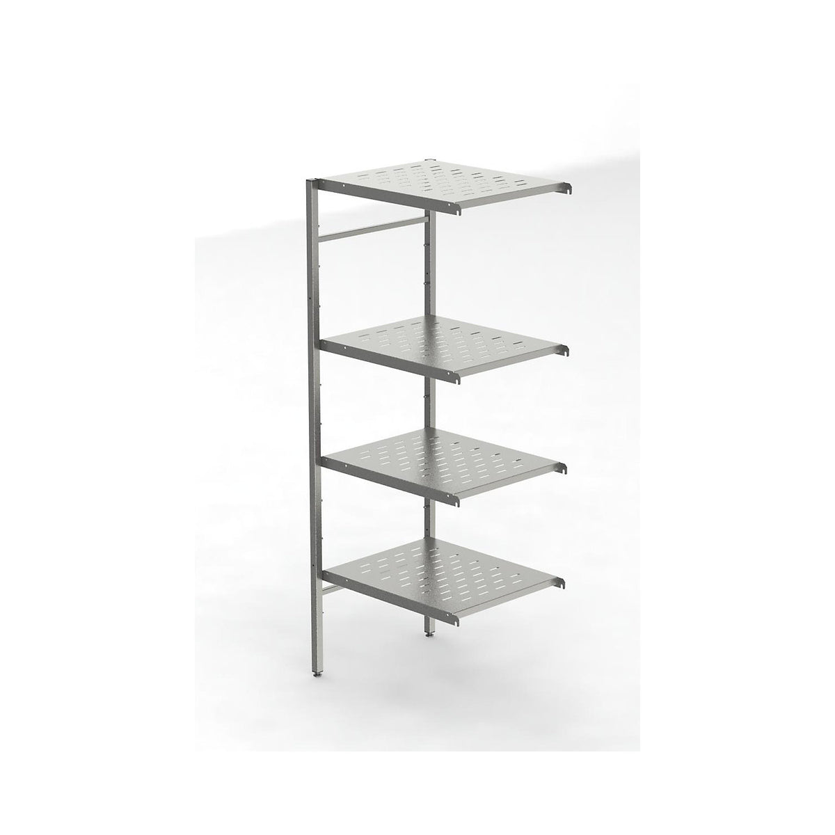 Stainless steel boltless shelf unit, 4 perforated shelves, shelf width x depth 640 x 540 mm, extension shelf unit.