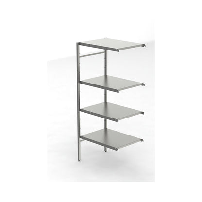 Stainless steel boltless shelf unit, 4 smooth shelves, shelf width x depth 740 x 540 mm, extension shelf unit.
