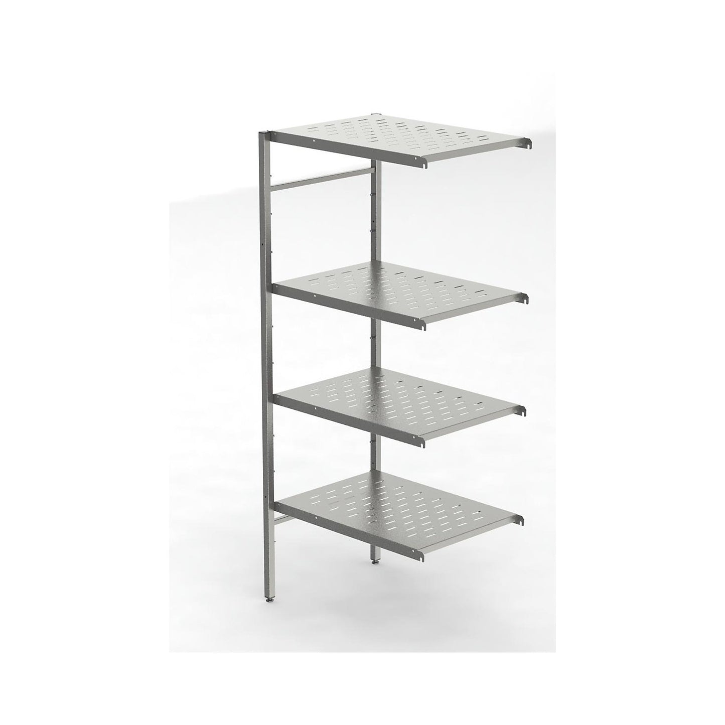 Stainless steel boltless shelf unit, 4 perforated shelves, shelf width x depth 740 x 540 mm, extension shelf unit.