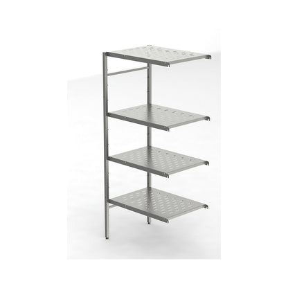 Stainless steel boltless shelf unit, 4 perforated shelves, shelf width x depth 740 x 540 mm, extension shelf unit.
