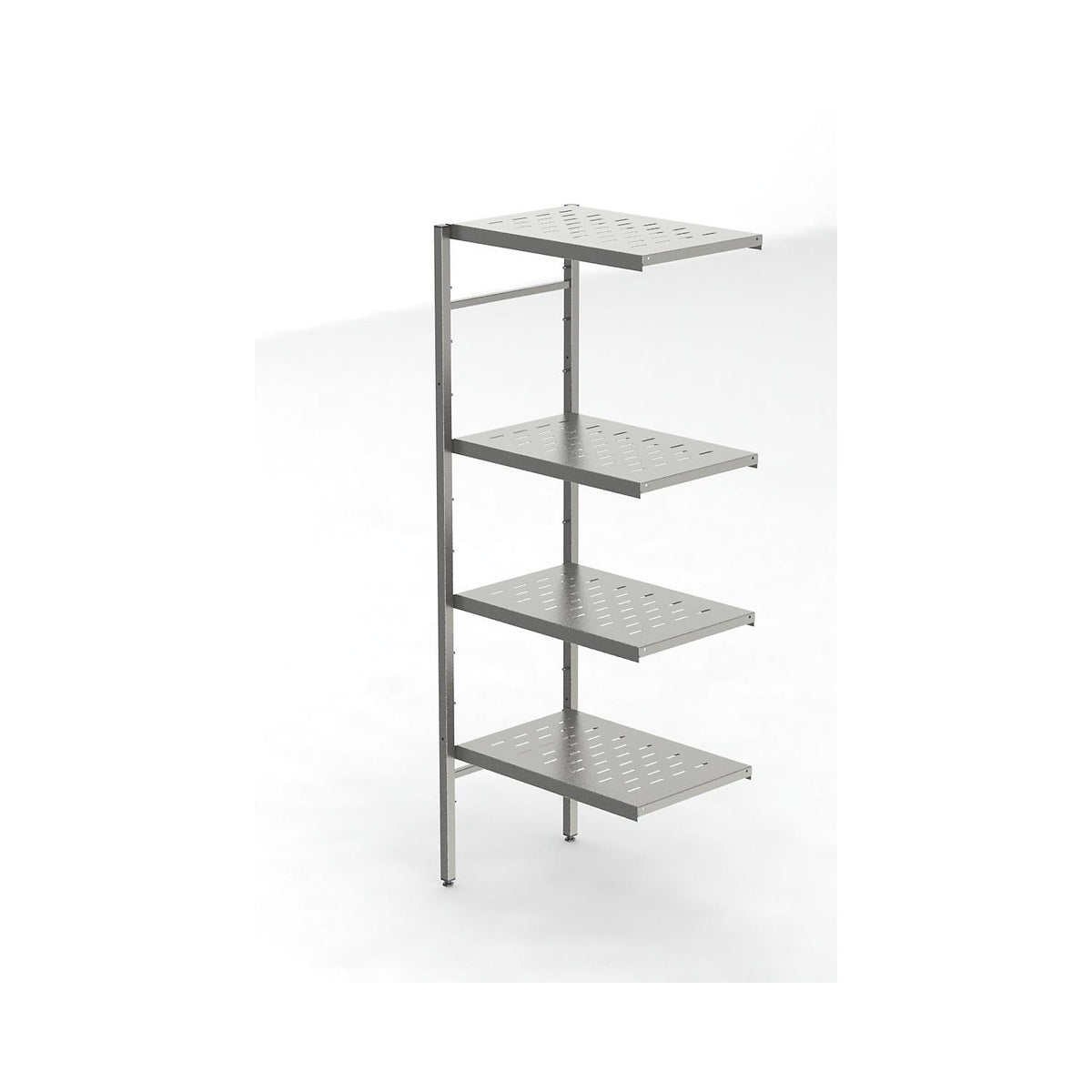 Stainless steel boltless shelf unit, 4 perforated shelves, shelf width x depth 640 x 440 mm, corner extension shelf unit.