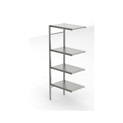 Stainless steel boltless shelf unit, 4 perforated shelves, shelf width x depth 640 x 440 mm, corner extension shelf unit.