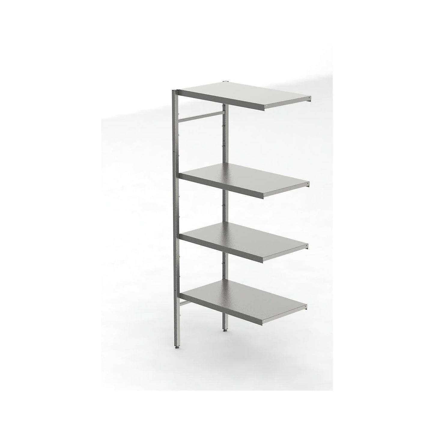 Stainless steel boltless shelf unit, 4 smooth shelves, shelf width x depth 740 x 440 mm, corner extension shelf unit.
