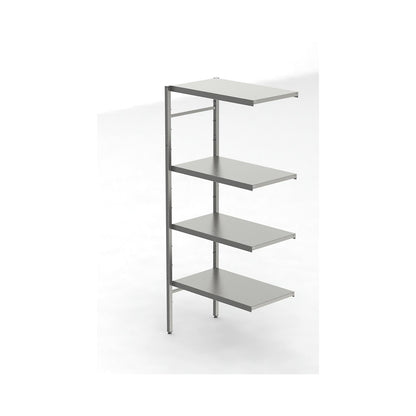 Stainless steel boltless shelf unit, 4 smooth shelves, shelf width x depth 740 x 440 mm, corner extension shelf unit.