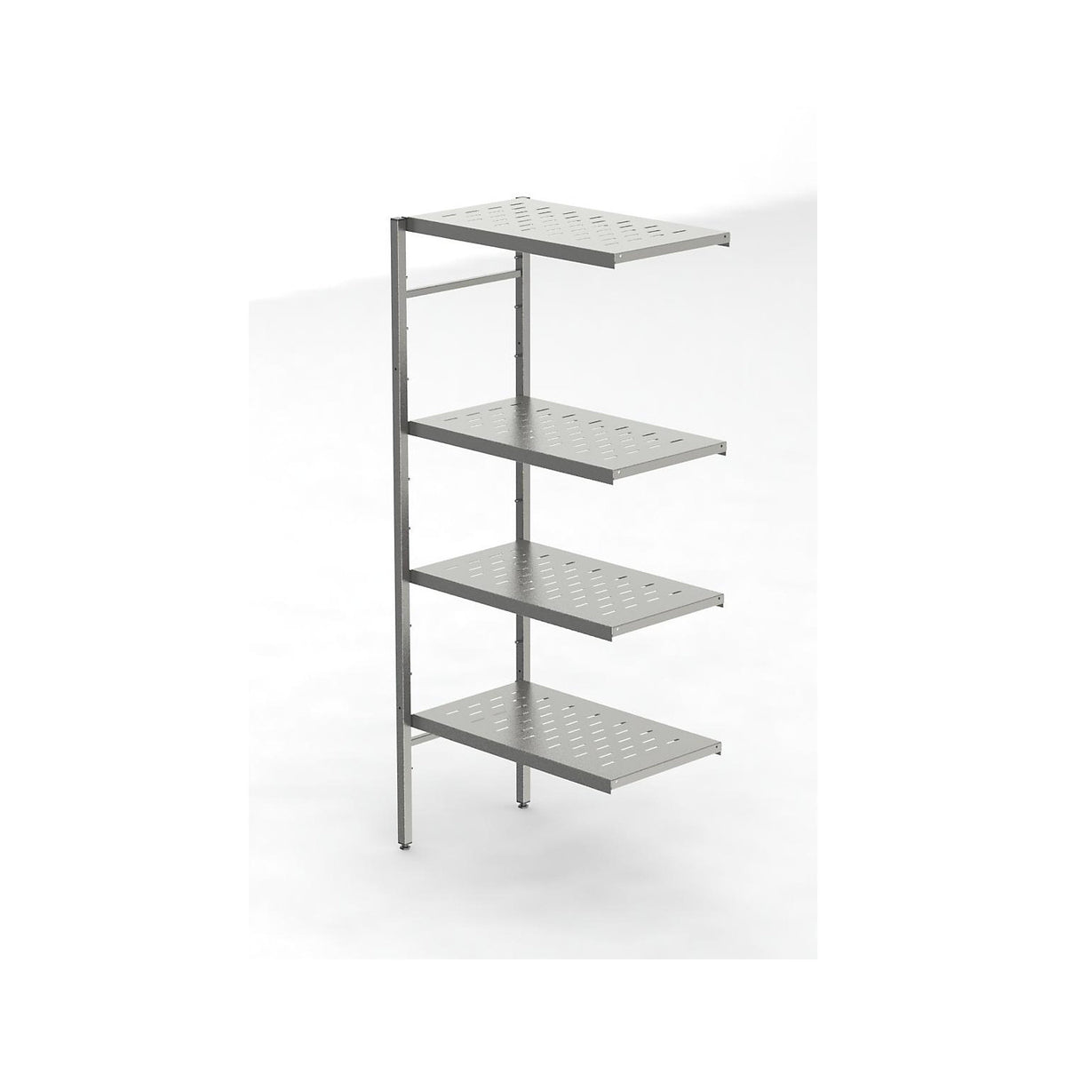 Stainless steel boltless shelf unit, 4 perforated shelves, shelf width x depth 740 x 440 mm, corner extension shelf unit.