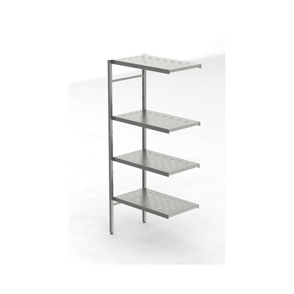 Stainless steel boltless shelf unit, 4 perforated shelves, shelf width x depth 740 x 440 mm, corner extension shelf unit.