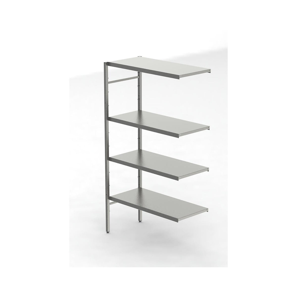 Stainless steel boltless shelf unit, 4 smooth shelves, shelf width x depth 940 x 440 mm, corner extension shelf unit.