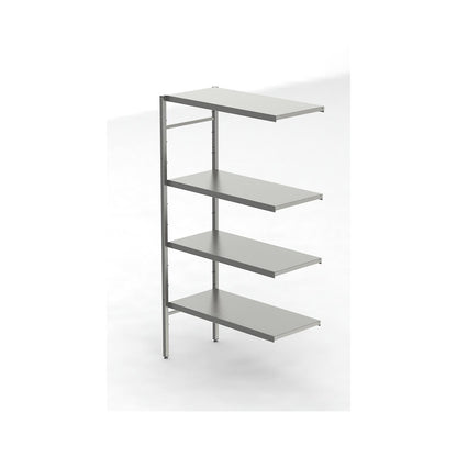 Stainless steel boltless shelf unit, 4 smooth shelves, shelf width x depth 940 x 440 mm, corner extension shelf unit.