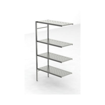 Stainless steel boltless shelf unit, 4 perforated shelves, shelf width x depth 940 x 440 mm, corner extension shelf unit.