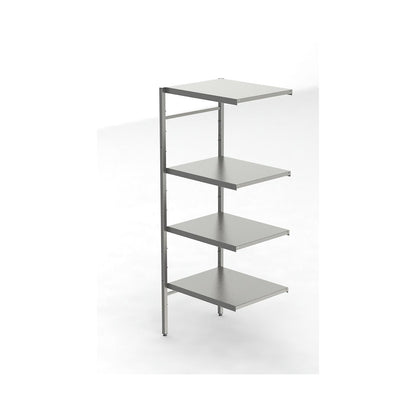 Stainless steel boltless shelf unit, 4 smooth shelves, shelf width x depth 640 x 540 mm, corner extension shelf unit.