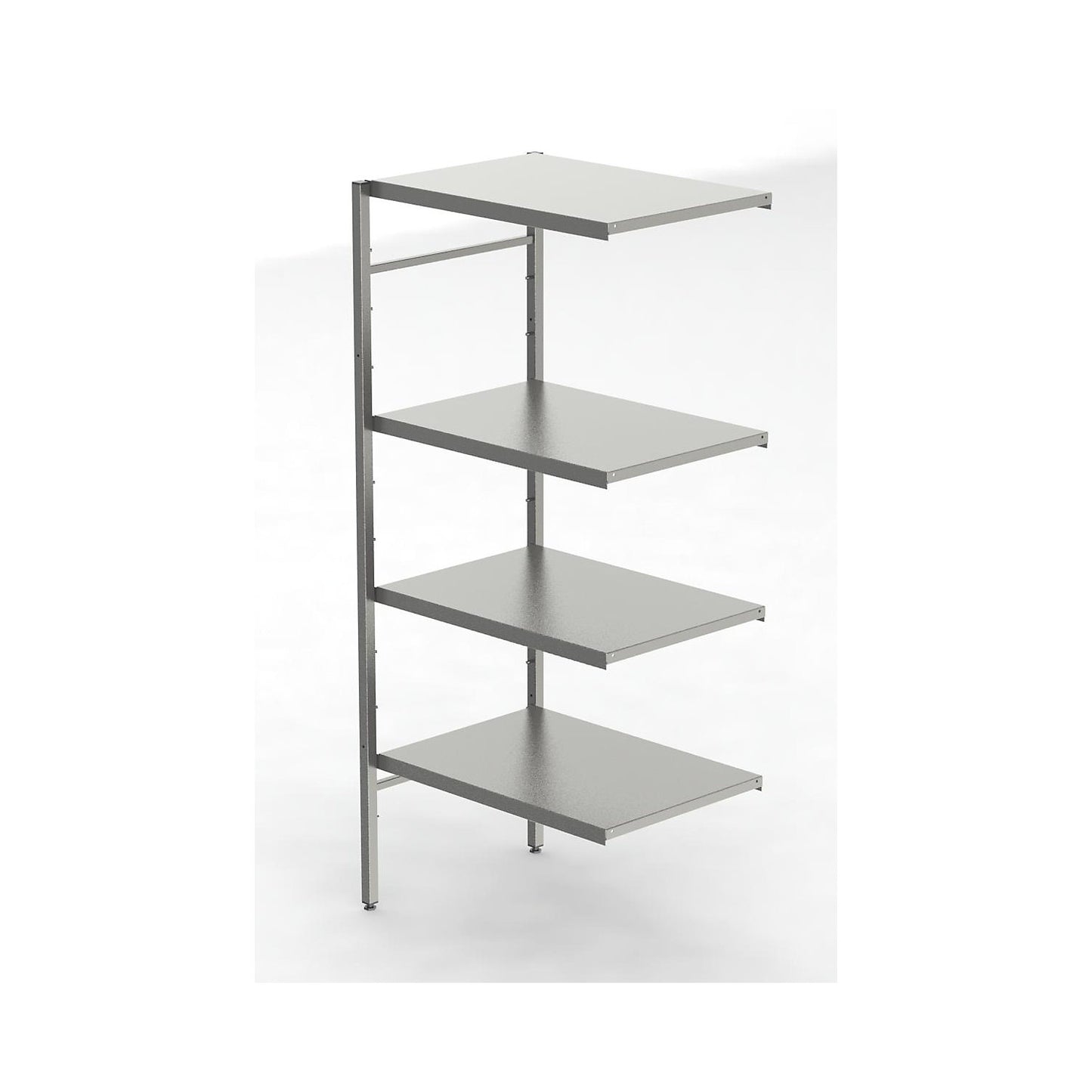 Stainless steel boltless shelf unit, 4 smooth shelves, shelf width x depth 740 x 540 mm, corner extension shelf unit.