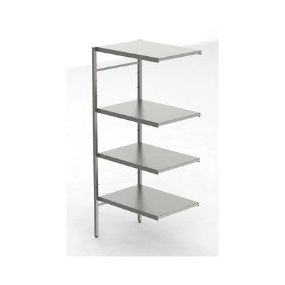 Stainless steel boltless shelf unit, 4 smooth shelves, shelf width x depth 740 x 540 mm, corner extension shelf unit.