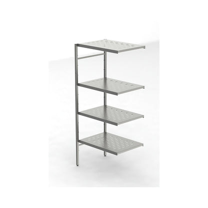 Stainless steel boltless shelf unit, 4 perforated shelves, shelf width x depth 740 x 540 mm, corner extension shelf unit.