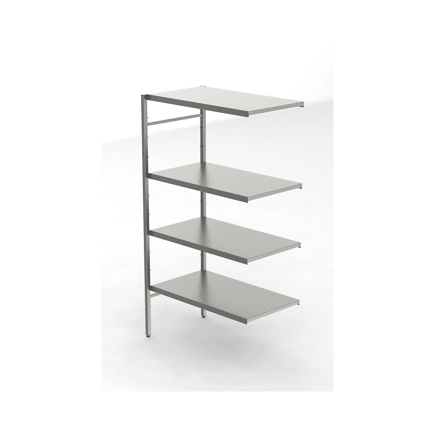 Stainless steel boltless shelf unit, 4 smooth shelves, shelf width x depth 940 x 540 mm, corner extension shelf unit.