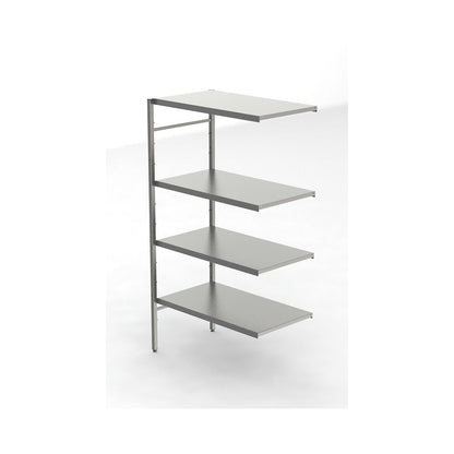 Stainless steel boltless shelf unit, 4 smooth shelves, shelf width x depth 940 x 540 mm, corner extension shelf unit.