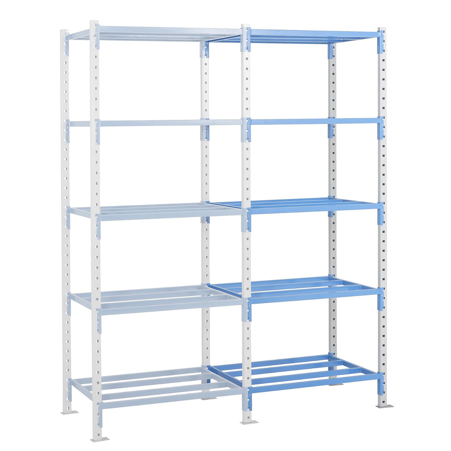 Tubular boltless shelving unit, shelf unit height 2496 mm, shelf width 960 mm, extension shelf unit, shelf width 995 mm.