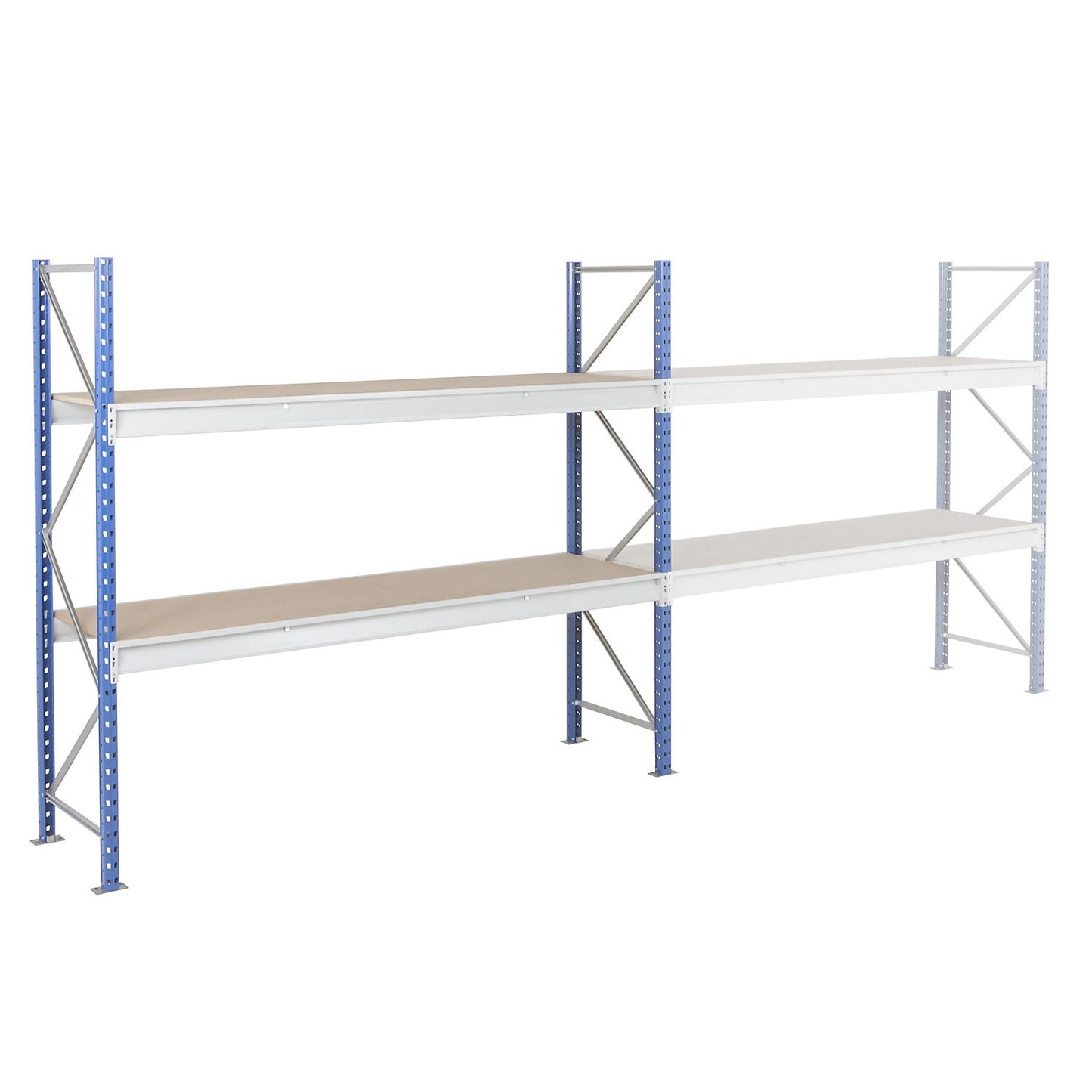 Heavy duty wide span shelving with moulded chipboard shelf panels, frame colour blue, HxWxD 1996 x 2410 x 600 mm, standard shelf unit.